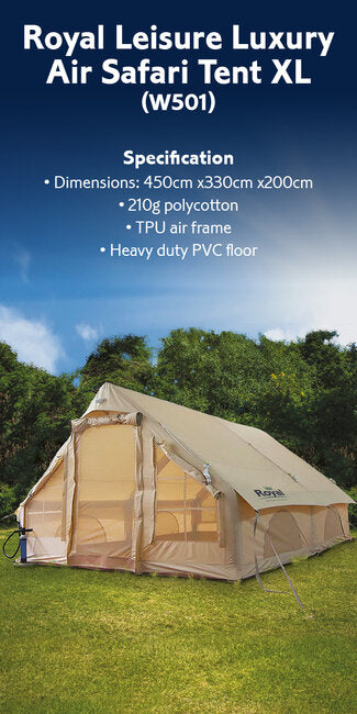 Royal Leisure Luxury Air Safari tent XL210g Polycotton (450x330x200cm)TPU air frame, heavy duty pvc floor