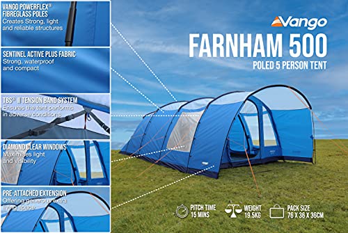 Vango Farnham 500 Tunnel Tent,  Family Camping 5 Man Tent