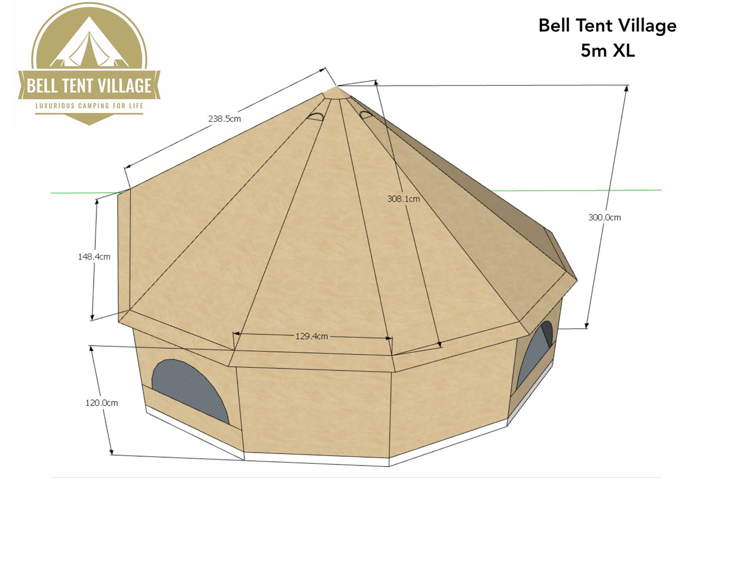 BTV 4 - XL (1.2m High Walls) Water Resistant & Fire Retardant Cotton Canvas Bell Tent With Stove Hole (Single Door)